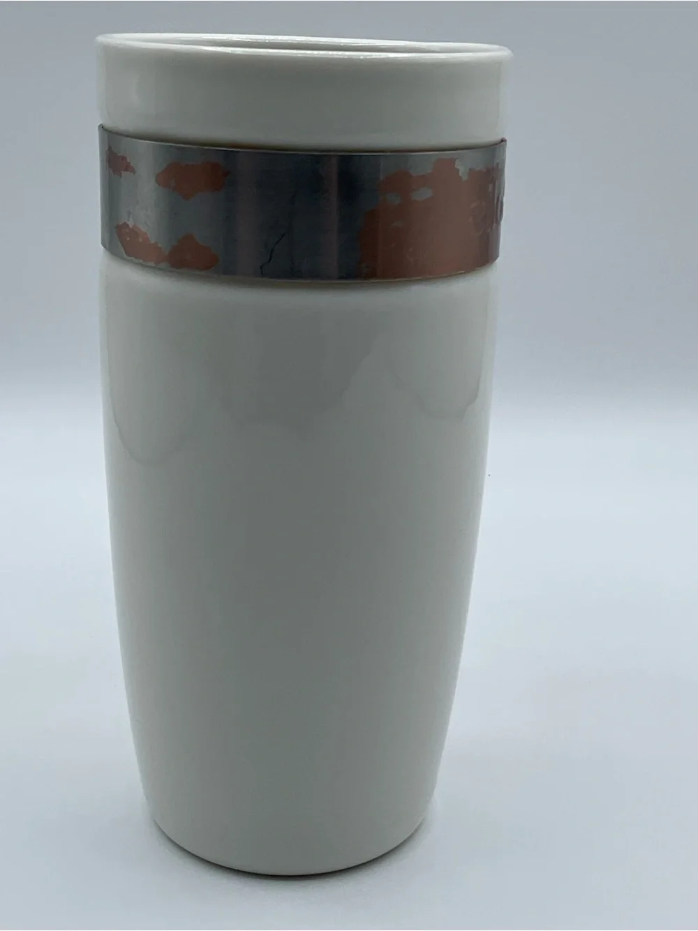 Ello Fulton 16 oz Ceramic Travel Mug White Wood Handle Copper Band Lid